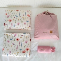 Wyprawka do przedszkola i żłobka - kołderka, poduszka, worek, ręczniczek - Łąka beż